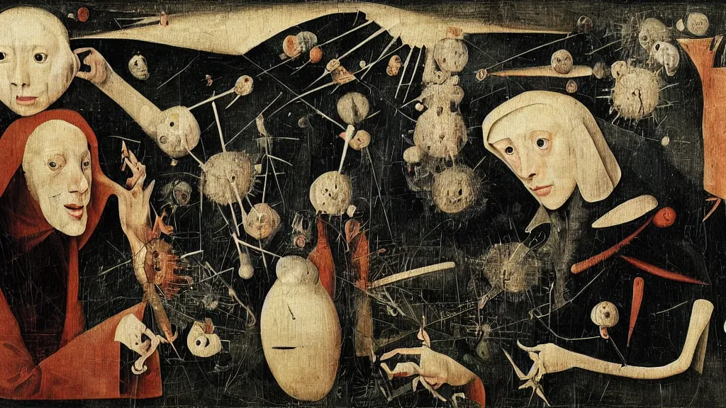 Prompt: a beauty is a virus television show, dreamy painting of coronavirus, dark, sinister, detailed scientific epidemology contagion math graph, R-number, art by Hieronymous Bosch and Ernst Haeckl