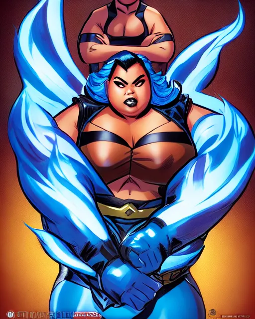 Prompt: thick chubby filipina supervillain, sly grin, fully clothed, exaggerated perspective, beautiful detailed face, bright blue hair, action pose, comic book style, highly detailed, dynamic shadows, dynamic lighting, geoff johns, jason fabok, jason fabok, brad anderson, splash art