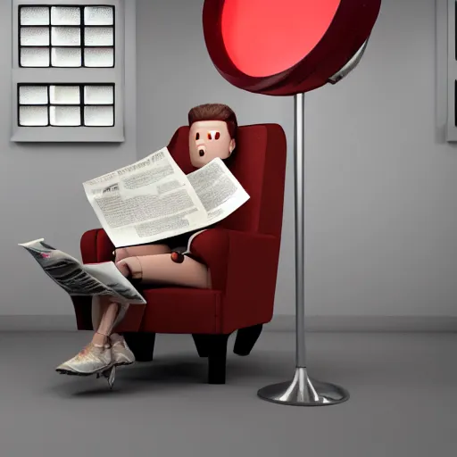 Image similar to futuristic lonely matte brown and red full-body humanoid robot with two huge round expressive sad LED eyes and open rectangular mouth sitting on a large comfortable cushioned 1950s vintage recliner reading a newspaper. open newspaper. Cinematic Movie Photograph, Arri Alexa, Extremely Detailed, smooth, very very clean, 8K, octane render, maya render, unreal engine, trending on artstation, DSLR, excellent composition, center frame