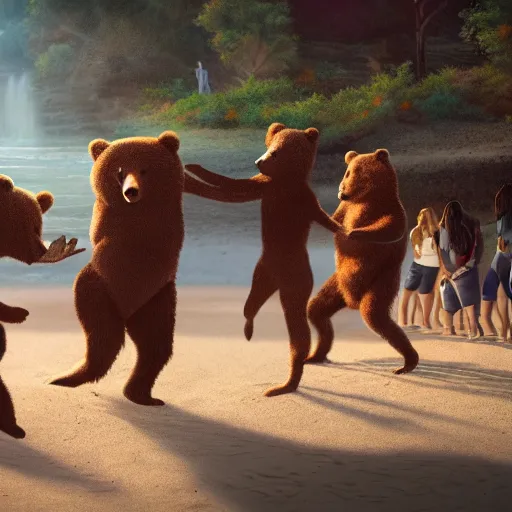 Image similar to Bears dancing at a party at the beach, cinematic, atmospheric, 8k resolution, ArtStation, Hyperrealistic