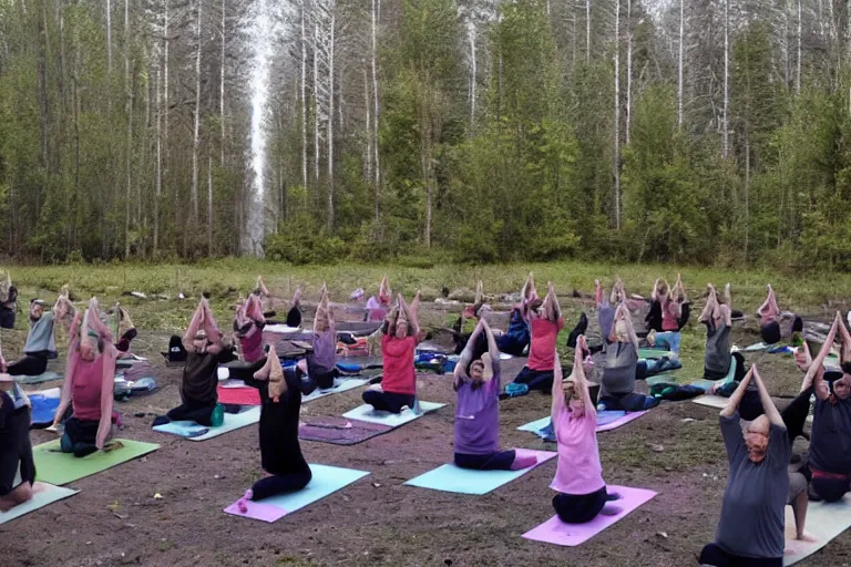Image similar to senior citizen yoga club meeting, outside Cherynobyl nuclear reactor during meltdown