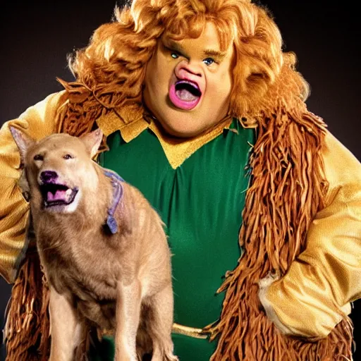 Image similar to snl chris farley as the cowardly lion of oz, studio poster photography, trending on artstation, featured on deviantart, award winning costume