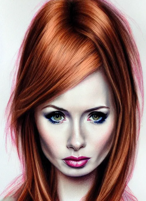 Image similar to sultry look in her eyes Karen Gillan close-up portrait looking straight on, complex artistic color pencil sketch illustration, full detail, gentle shadowing, fully immersive reflections and particle effects.