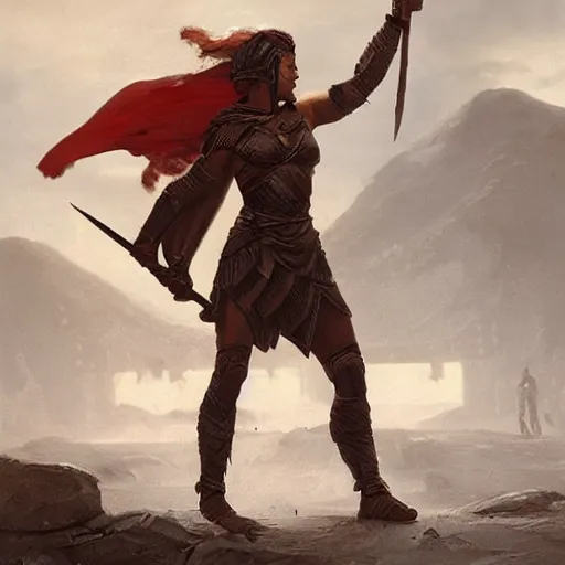 Prompt: a spartan woman wearing a cape and holding a spear in a arena, Matte painting , detailed painting, greg rutkowski