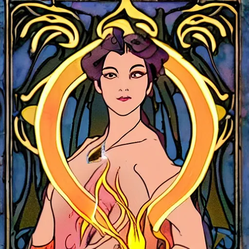 Image similar to art nouveau still of Princess Ursa performing a firebending healing session