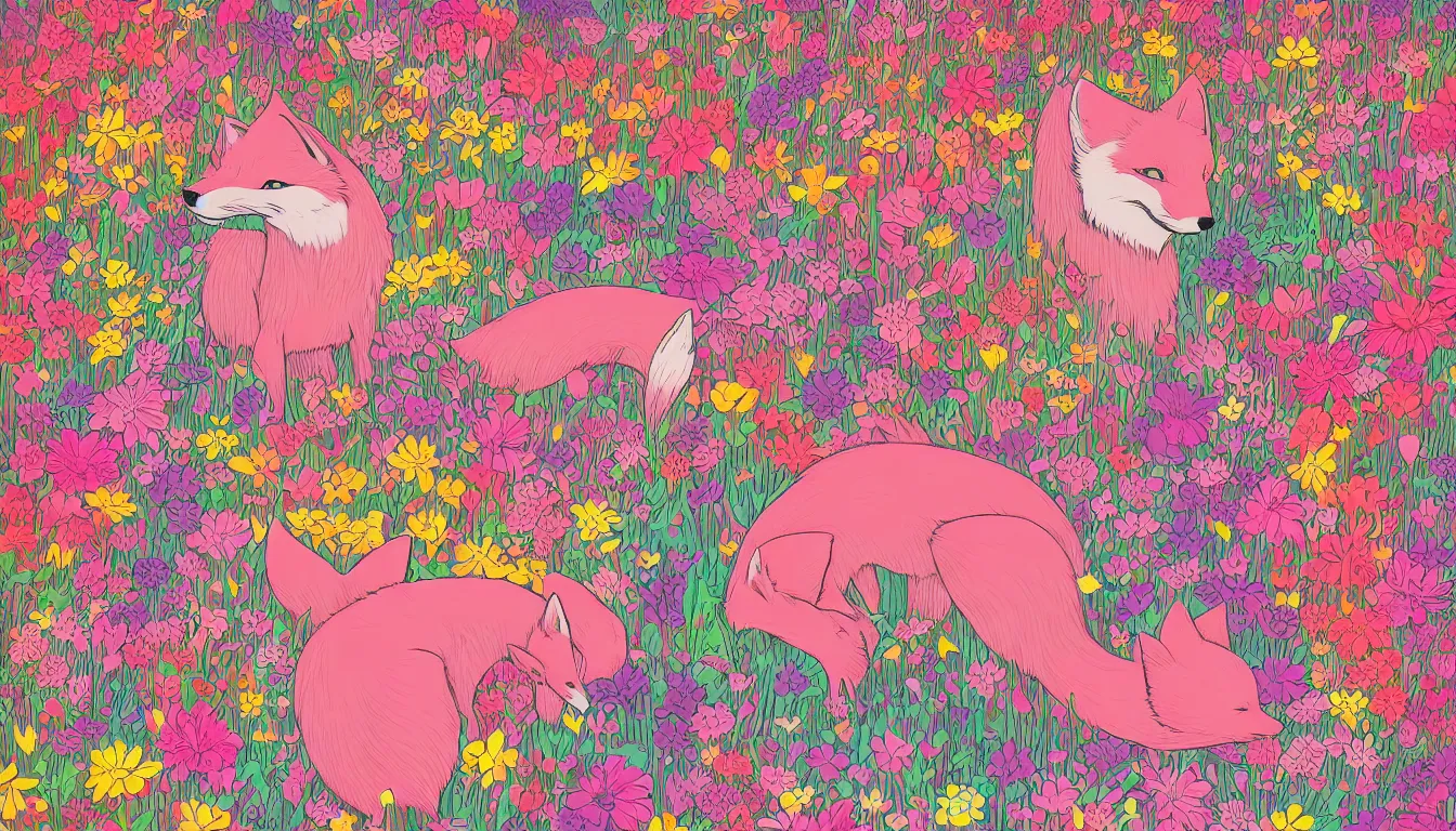 Prompt: pink fox head popping out of a field of multi colored flowers by Kilian Eng