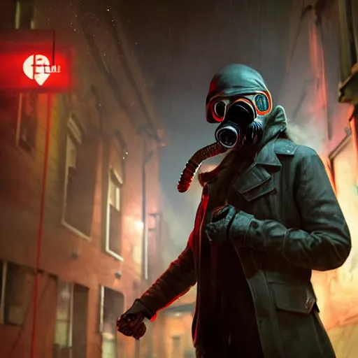 Image similar to hooden villain wearing a gas mask with red goggles, mask rider, smoke coming out of his body and coat, dark background, in a dark alley, unreal engine 5, ultra realistic, detailed, fog, volumetric lighting, by greg rutkowski,