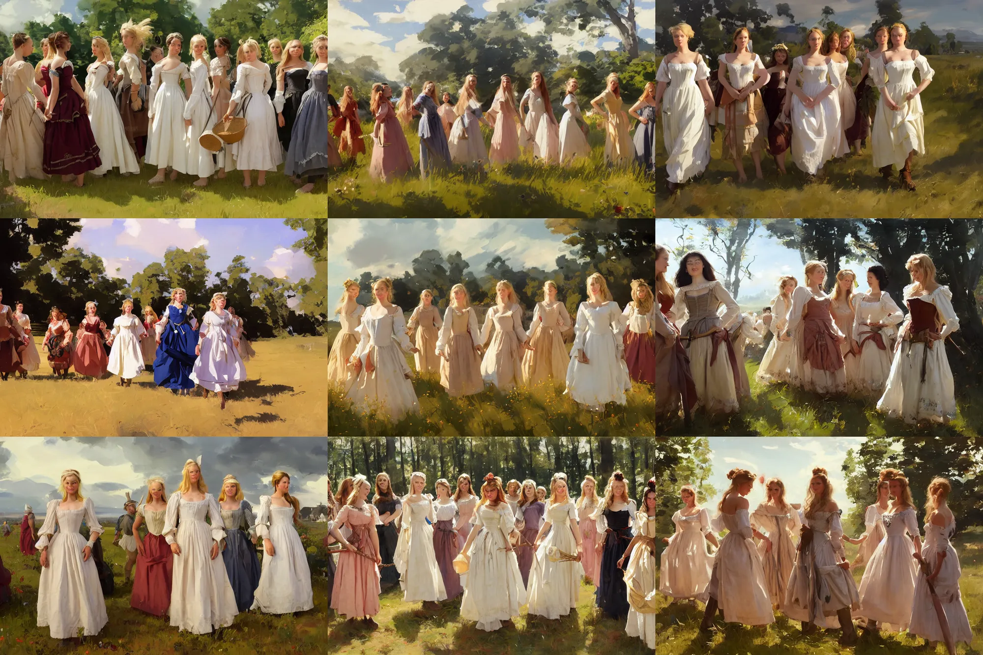 Prompt: group of finnish norwegian swedish scandinavian attractive glamour models wearing as village maidens in 1 7 th century bodice with low neckline walking in the field in a sunny day, jodhpurs greg manchess painting by sargent and leyendecker, studio ghibli fantasy medium shot asymmetrical intricate elegant matte painting illustration hearthstone, by greg rutkowski by greg tocchini by james gilleard