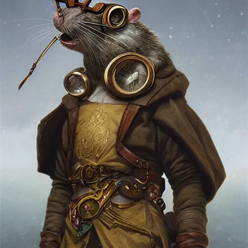 Image similar to anthropomorphic rat with goggles on his forehead giving a thumbs up D&D, fantasy, intricate, elegant, highly detailed, digital painting, artstation, concept art, smooth, sharp focus, illustration, art by artgerm and greg rutkowski and alphonse mucha