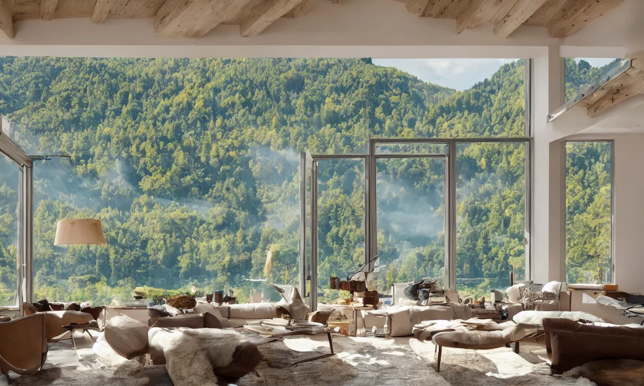 Image similar to fantastical living room with switzerland landscape in the window