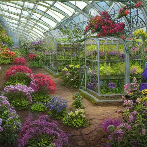 Prompt: a greenhouse of alien flowers, by alex horley, super detailed, trending on artstation