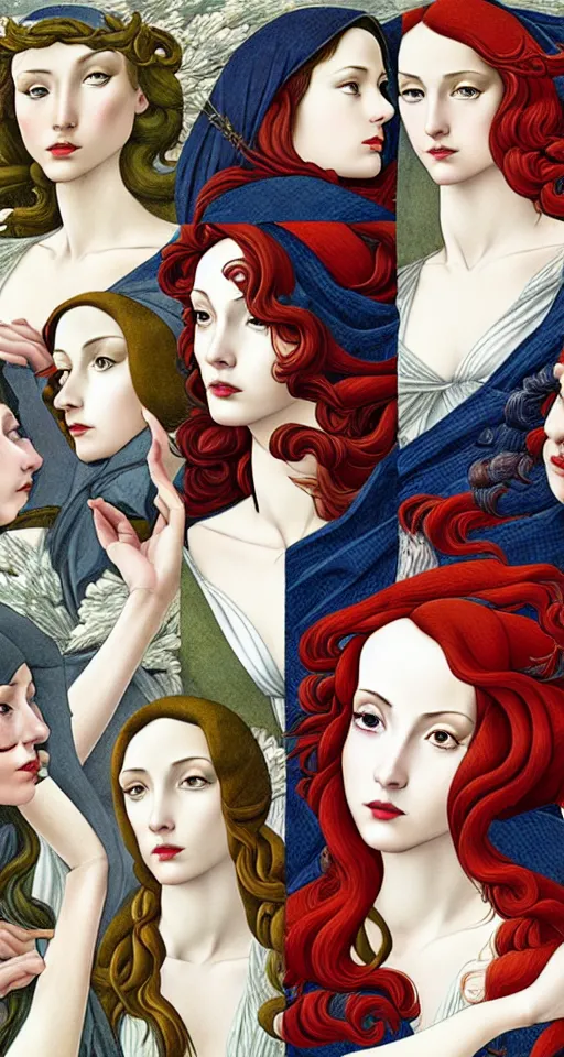 Image similar to the 12 months of the year as figures, (3 are Winter, 3 are Spring, 3 are Summer and 3 are Autumn), in a mixed style of Botticelli and Æon Flux, inspired by pre-raphaelite paintings and shoujo manga, hyper detailed, stunning inking lines, flat colors, 4K photorealistic