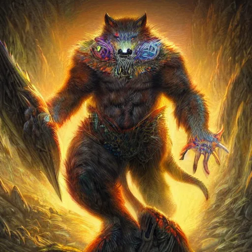 Image similar to fenrir colorful, fantasy, intricate, highly detailed, digital painting, hq, trending on artstation, illustration, style of stanley artgerm and greg rutkowski and dan mumford