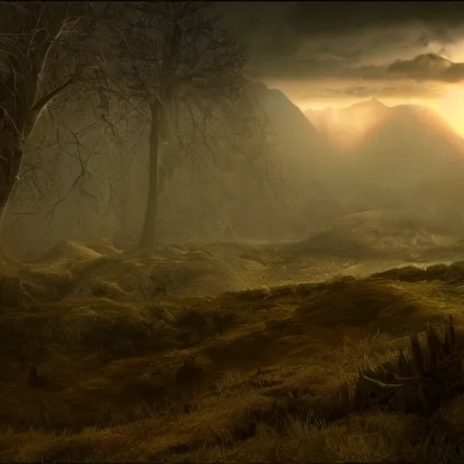 Image similar to huge valley, creepy valley, extreme drama, distant glow, hdr, movie still, fully photorealistic, artstation, beautiful concept art, sharp luminescent focus, nd 6, sony fx 6, glowing luminescent invocations