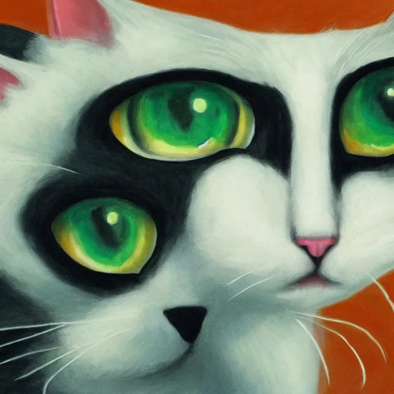 Prompt: cute cartoon cat with large green eyes by Margaret Keane, 4k