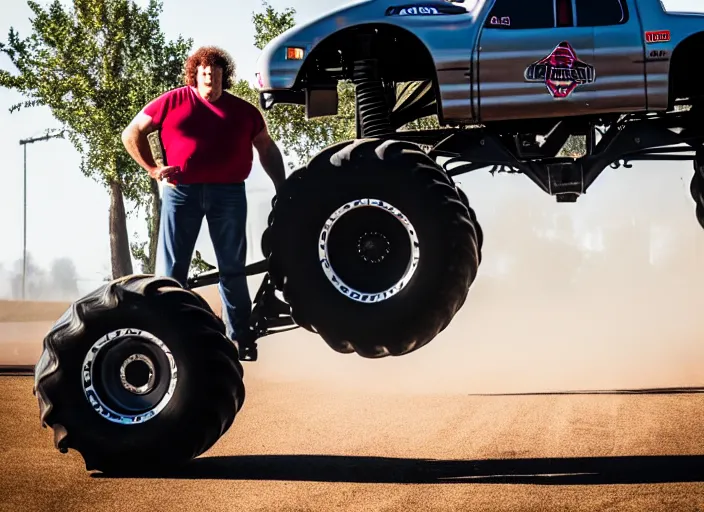 Prompt: photo of andre the giant as a monster truck driver, 8 k, 8 5 mm f 5. 6