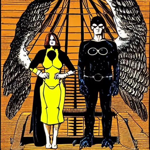 Image similar to nite - owl and silk spectre standing behind the owlship in the style of american gothic by grant wood, nite - owl, silk spectre, owlship, dave gibbons artstyle