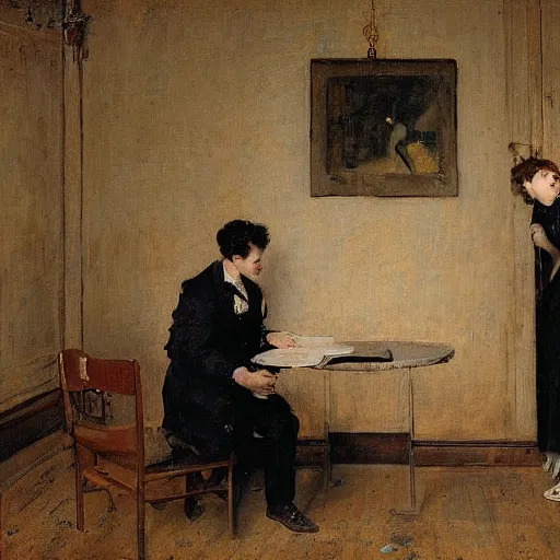 Image similar to a young man and a young woman solving an escape room puzzle, mysterious markings on the wall, by alfred stevens