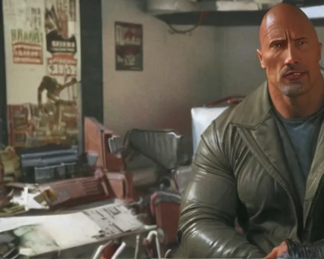 Prompt: Speaking with Fallout talking head of Dwayne Johnson, screenshot from Fallout (1997)