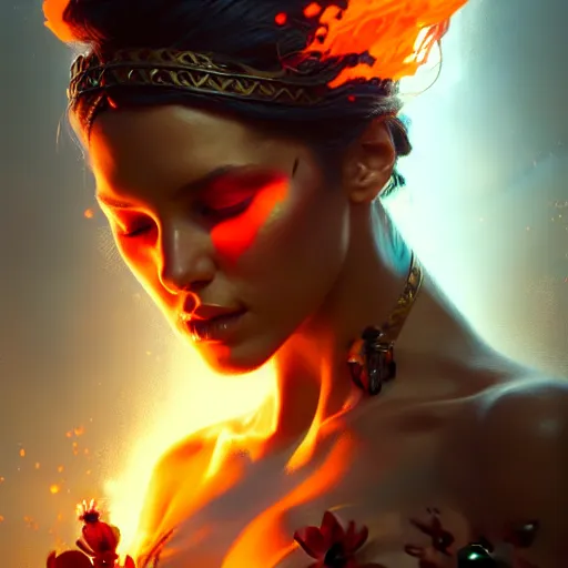 Prompt: a beautiful portrait of a nature and poison goddess with slightly closed eyes by Greg Rutkowski and Raymond Swanland, Trending on Artstation, Flaming Background, ultra realistic digital art