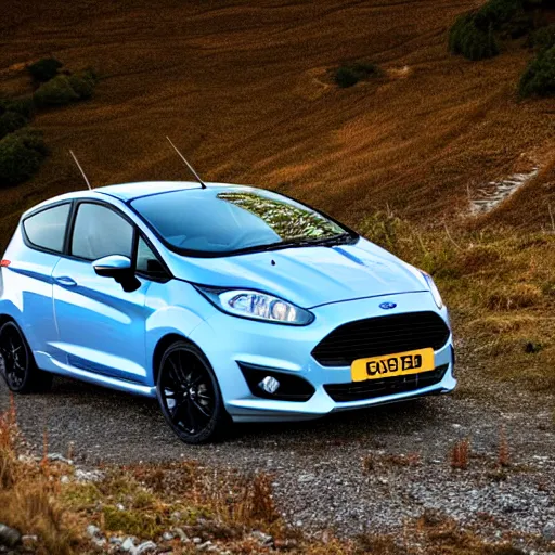 Prompt: ford fiesta mk 6 zetec on a mountain road, award winning photograph, golden hour