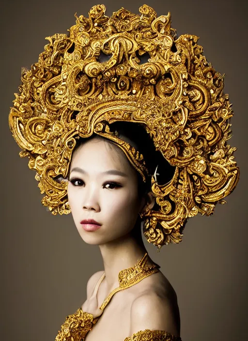 Prompt: a portrait of thai female by stefan geselle and nekro borja, photorealistic, intricate details, hyper realistic, fantasy, elegant, baroque gold headpiece, photorealistic, canon r 3, photography, wide shot, symmetrical features, symmetrical pose, wide angle shot, head to toe, standing pose, feet on the ground, wearable art