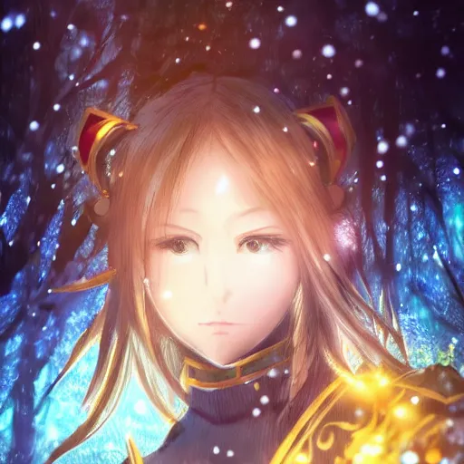 Image similar to focus face portrait of beautiful darkness knight 3D anime girl, golden armor wearing, dark forest background, snowing, bokeh, inspired by Masami Kurumada, digital painting, high contrast, unreal engine render, volumetric lighting, high détail