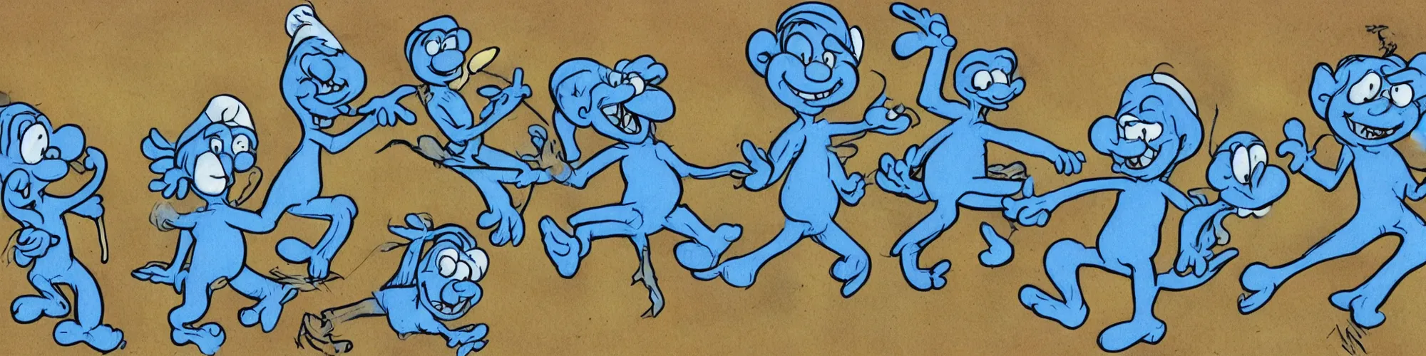 Prompt: in highly detailed color drawing of smurfs and long bones