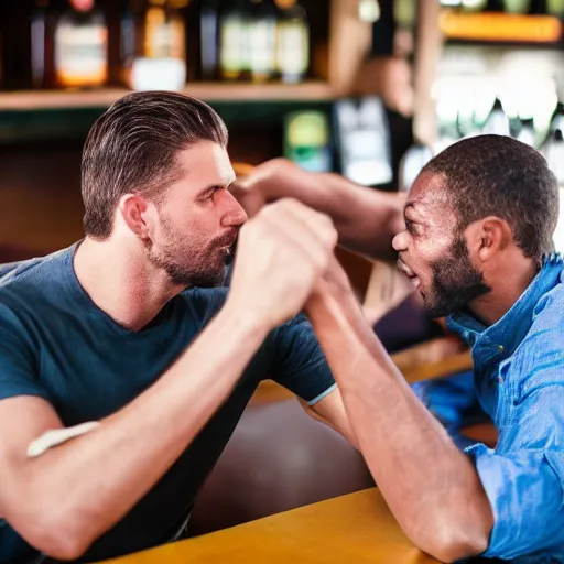 Prompt: 90mm color photo of a man punching another man at the local pub