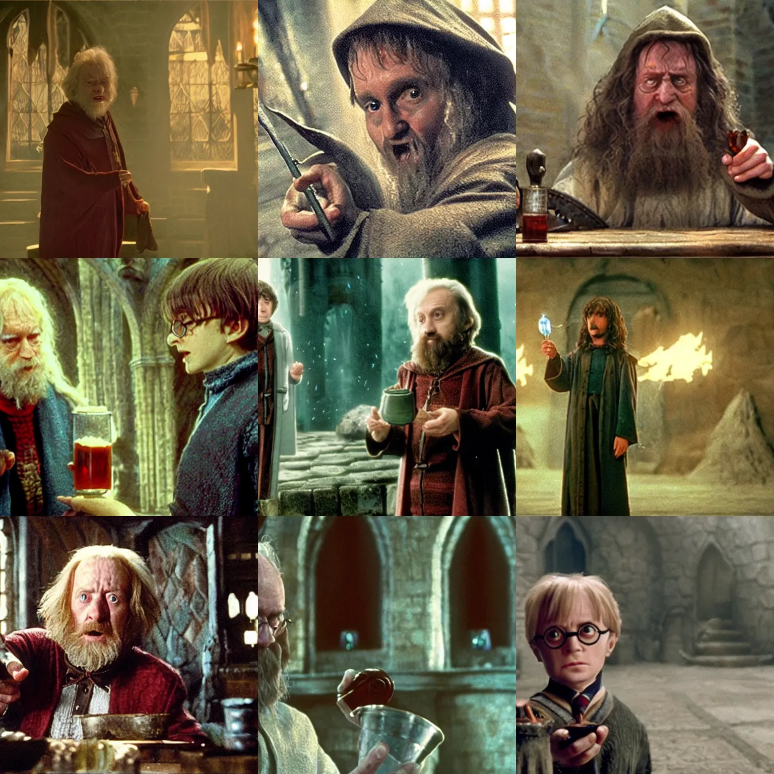 Prompt: A wizard drinks a shrinking potion and is reduced to a tiny size, film still from Harry Potter