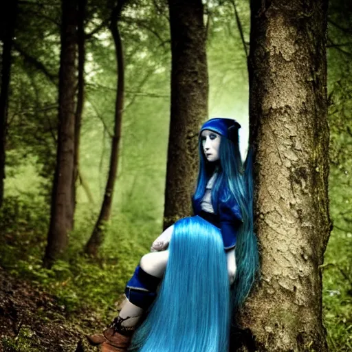 Prompt: beautiful young Asian elf woman with elf ears and blue hair in a hazy forest at dusk, by Katia Chausheva