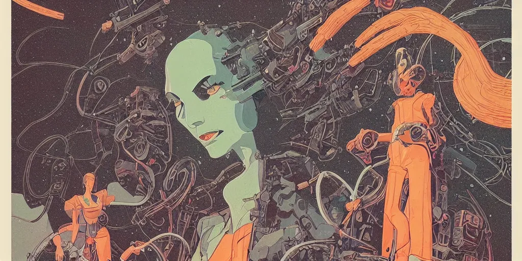 Prompt: a risograph of a retro horror vintage sci - fi, 2 d matte gouache illustration, gigantic woman, ornate, detailed, dramatic, ominous, painting by moebius and satoshi kon