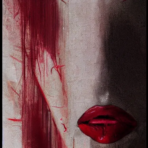 Image similar to lips sewn shut surrounded by red curtains by Conrad Roset and Nicola Samuri, close-up shot, rule of thirds, seductive look, beautiful, intricate, dystopian, sci-fi, extremely detailed, digital painting, artstation, concept art, smooth, sharp focus, illustration, intimidating lighting, incredible art, details visible, very dark ambiance
