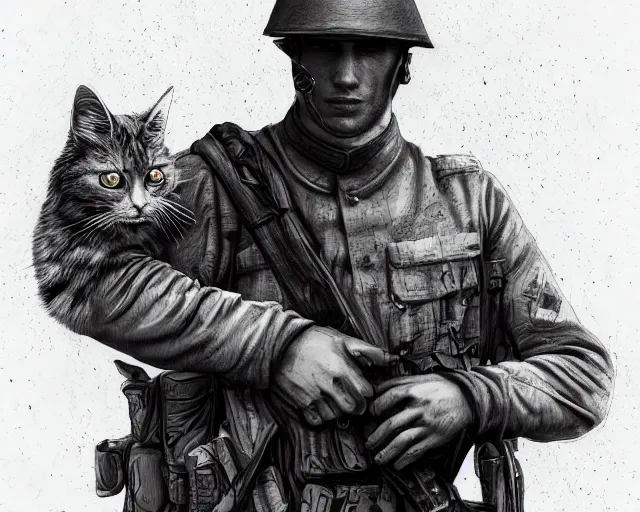 Image similar to A soldier holding a warrior cat in world war 1, close-up, realistic face, beautiful face detail, mature facial features, black and white, amazing digital art, hyper detailed, artstation, in the style of Tony Sart