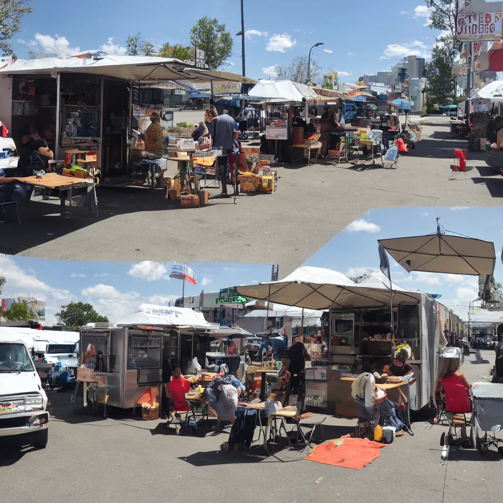 Image similar to food truck With line along side homeless tent . grocery store and smoke shop across the street