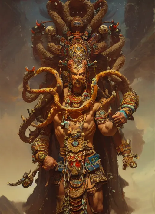 Image similar to Gigantic Deity with 8 arms and aztec accessories and translucent amulets, extremly detailed oil painting, in the style of Fenghua Zhong and Ruan Jia and Jeremy Lipking, rim light, beautiful lighting, mystic, 8k, stunning scene, raytracing, octane, trending on artstation