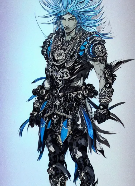 Image similar to Full body portrait of god with long silver hair, half man half wolf, wearing ornate pale blue attire. In style of Yoji Shinkawa and Hyung-tae Kim, trending on ArtStation, dark fantasy, great composition, concept art, highly detailed, dynamic pose.