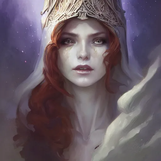 Image similar to portrait of a beautiful sorceress in an ornate hood, by charlie bowater, loish, peter mohrbacher, artgerm, greg rutkowski, krenz cushart, wlop