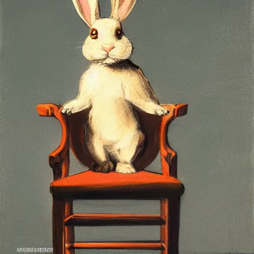 Image similar to a rabbit sitting on a chair, dramatic lighting, in the style of ilya repin