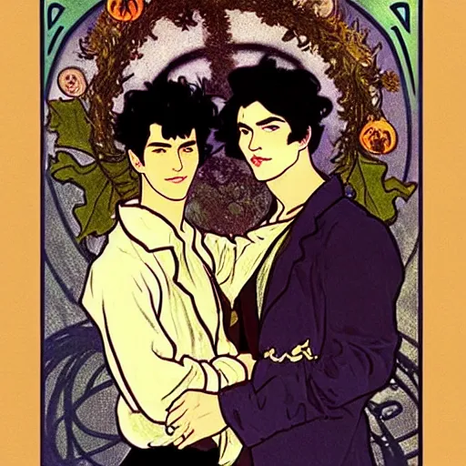 Image similar to painting of young cute handsome beautiful dark medium wavy hair man in his 2 0 s named shadow taehyung and cute handsome beautiful min - jun together at the halloween! party, bubbling cauldron!, candles!, smoke, autumn! colors, elegant, wearing suits!, delicate facial features, art by alphonse mucha, vincent van gogh, egon schiele