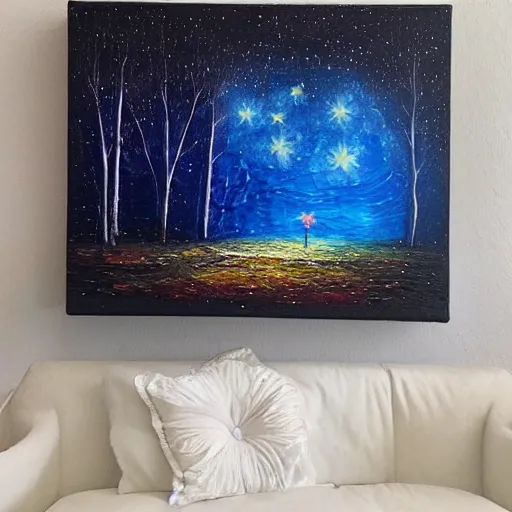 Prompt: Fireflies that blend with the starry sky, oil painting