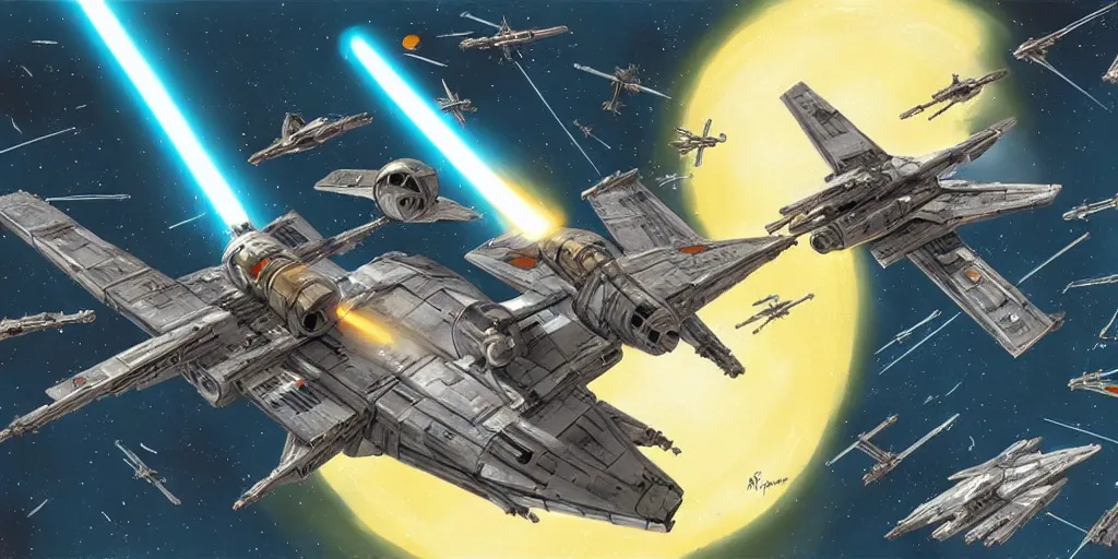 Image similar to Star Wars concept art of the an X-wing battle in space by Ryan Church