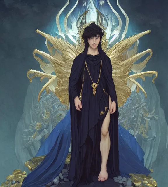 Image similar to god of death, young male, crystal cave background, elegant dark blue dress, very detailed, throne, very intricate details, jewelry, gold eyeshadow, elaborate long black hairstyle, wings, cinematic, artstation, william bouguereau, alphonse mucha, greg rutkowski, rossdraws, octane render