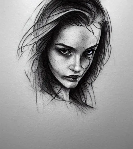 Image similar to tattoo design sketch of an extremely beautiful woman face with a background of beautiful mountains on her side, hyper - realistic, double exposure effect, in the style of den yakovlev, amazing detail, black and white, faded