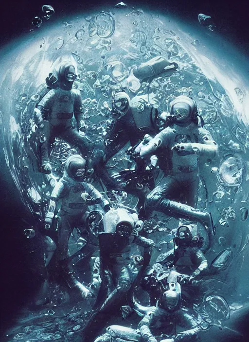 Image similar to astronauts divers in dark void underwater - complex and hyperdetailed technical suit design. reflection and dispersion materials. rays and dispersion of light. volumetric light. f / 3 2. noise film photo. flash photography. ultra realistic, 5 0 mm. poster by wayne barlowe, hajime sorayama aaron horkey, craig mullins