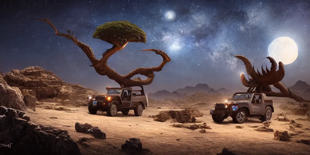 Image similar to mahindra thar at moonlit socotra island with dragon trees, starry night, sharp focus, wide shot, trending on ArtStation, masterpiece, by Greg Rutkowski, by Ross Tran, by Fenghua Zhong, octane, soft render, ultrarealistic, colorful, cinematic, shadow of the tomb rider