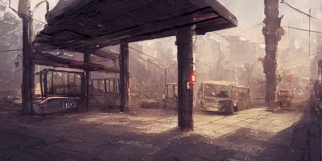 Prompt: concept art of a bus stop with walls for the far north in style of marc simonetti, intricate, highly detailed