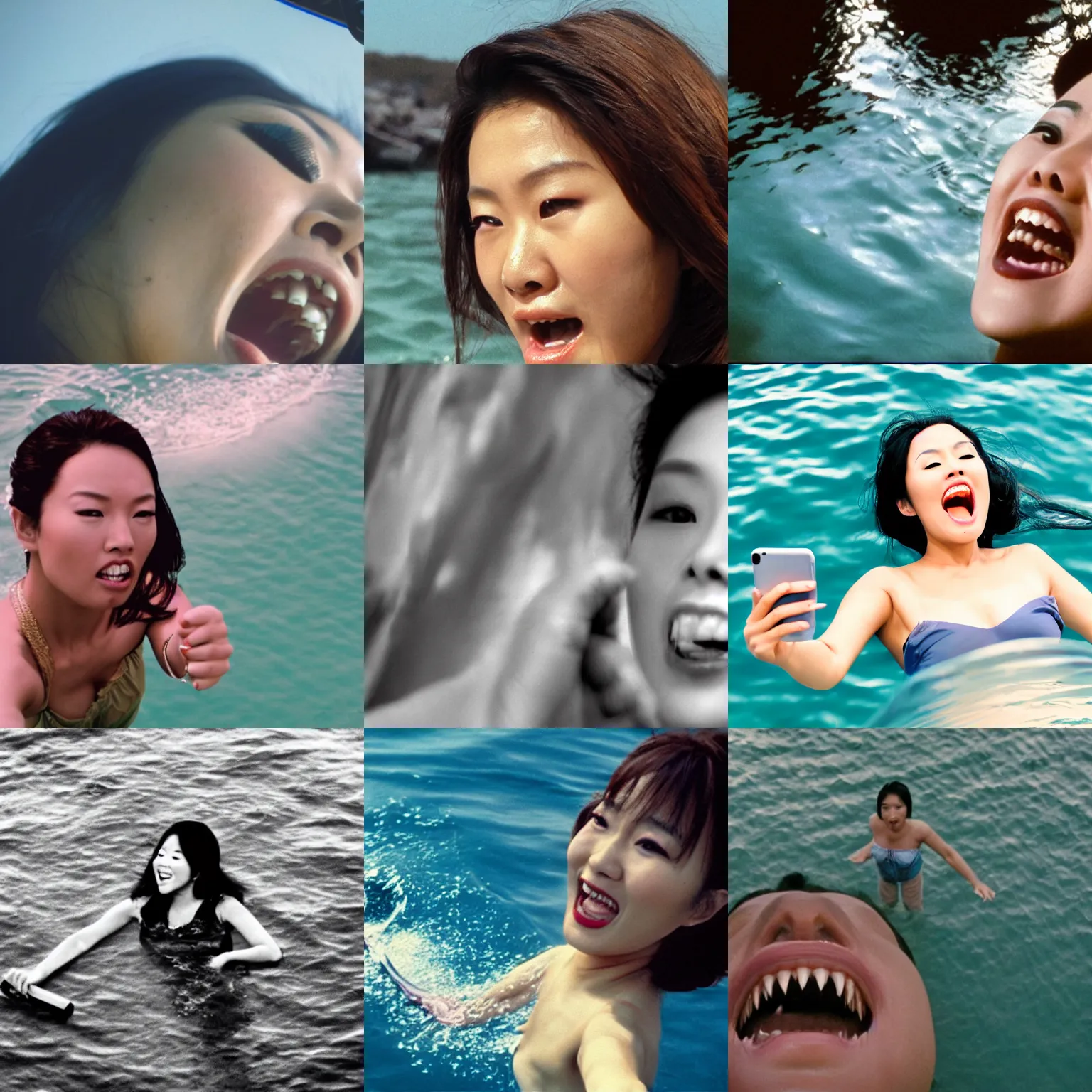 Prompt: a photo taken from above of a beautiful Asian actress standing inside the open mouth of 'Jaws' , taking a selfie , highly detailed, lifelike, photo-realistic, smooth, sharp focus