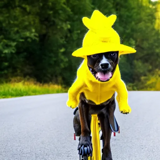 Image similar to a dog with a yellow hat riding a bike