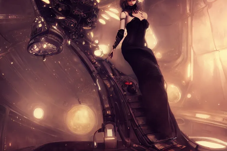 Image similar to a woman in a black dress and thigh highs in a steampunk spaceship, digital art, beautiful lighting, by wlop, by yoshitaka amano, octane render, composition, beautiful face, expressive oil painting, steampunk, 4 k